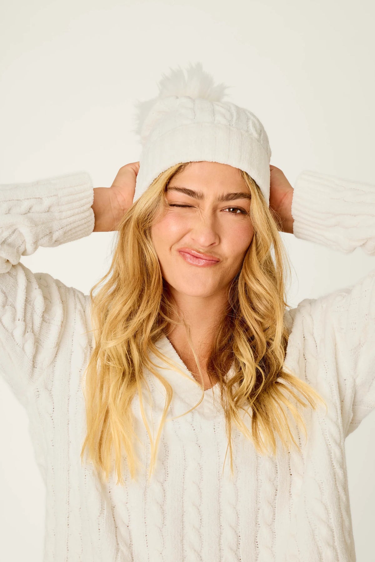 PJ Salvage Cozy Chenille Cable Knit Ivory Beanie with Pompom