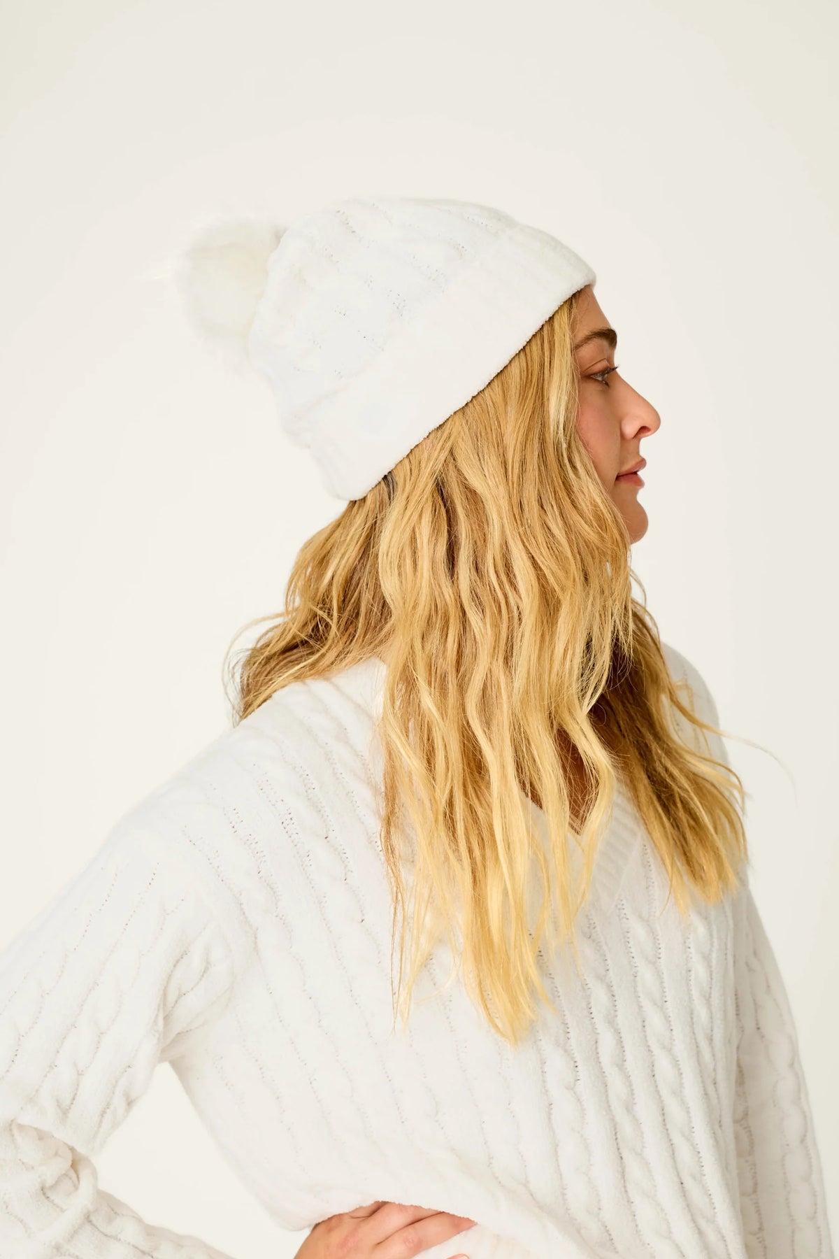 PJ Salvage Cozy Chenille Cable Knit Ivory Beanie with Pompom