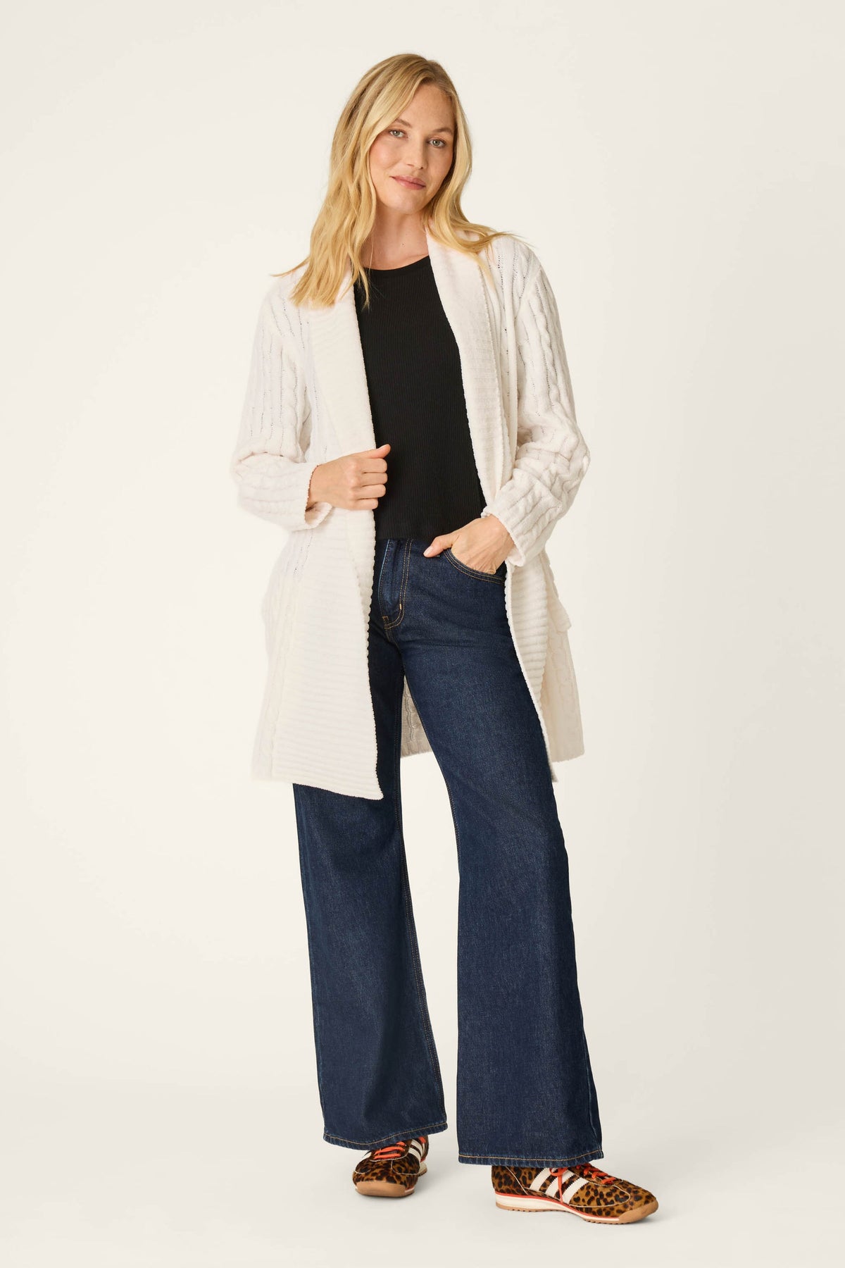 PJ Salvage Cozy Chenille Cable Knit Long Ivory Cardigan