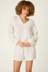 PJ Salvage Cozy Chenille Cable Knit Ivory V-Neck Sweater