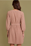 Long Sleeve Shirring Button Down Tie Dress