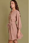 Long Sleeve Shirring Button Down Tie Dress