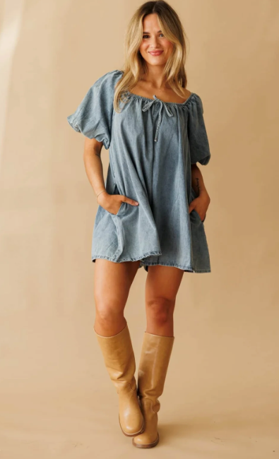 Puff Sleeve Denim Romper