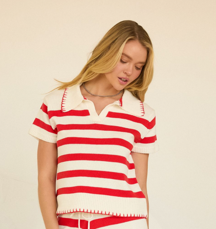 STRIPED KNIT TOP WITH BLANKET STITCH