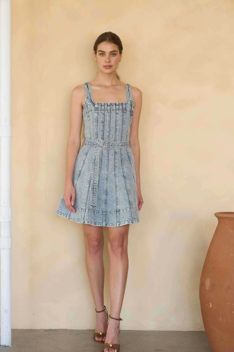 Self Belt Denim Mini Dress