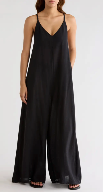 Wide Leg Cotton & Linen Blend Cover-Up Jumpsuit