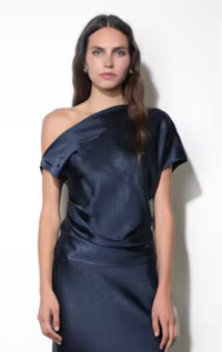 Greylin Nellie Asymmetric Satin Draped Off Shoulder Top