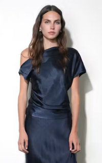 Greylin Nellie Asymmetric Satin Draped Off Shoulder Top