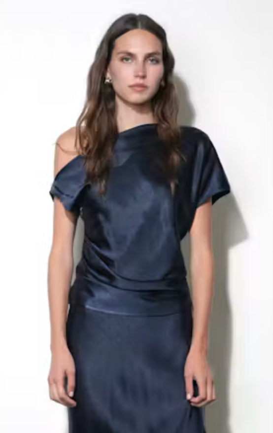 Greylin Nellie Asymmetric Satin Draped Off Shoulder Top