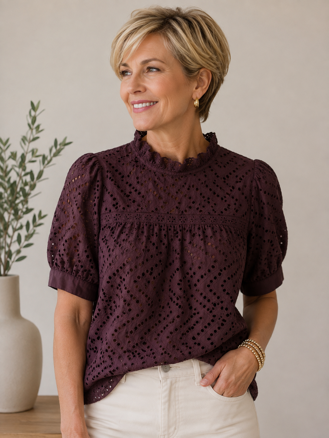 Zoe and Claire Short Puff Sleeve Ruffle Neckline Top