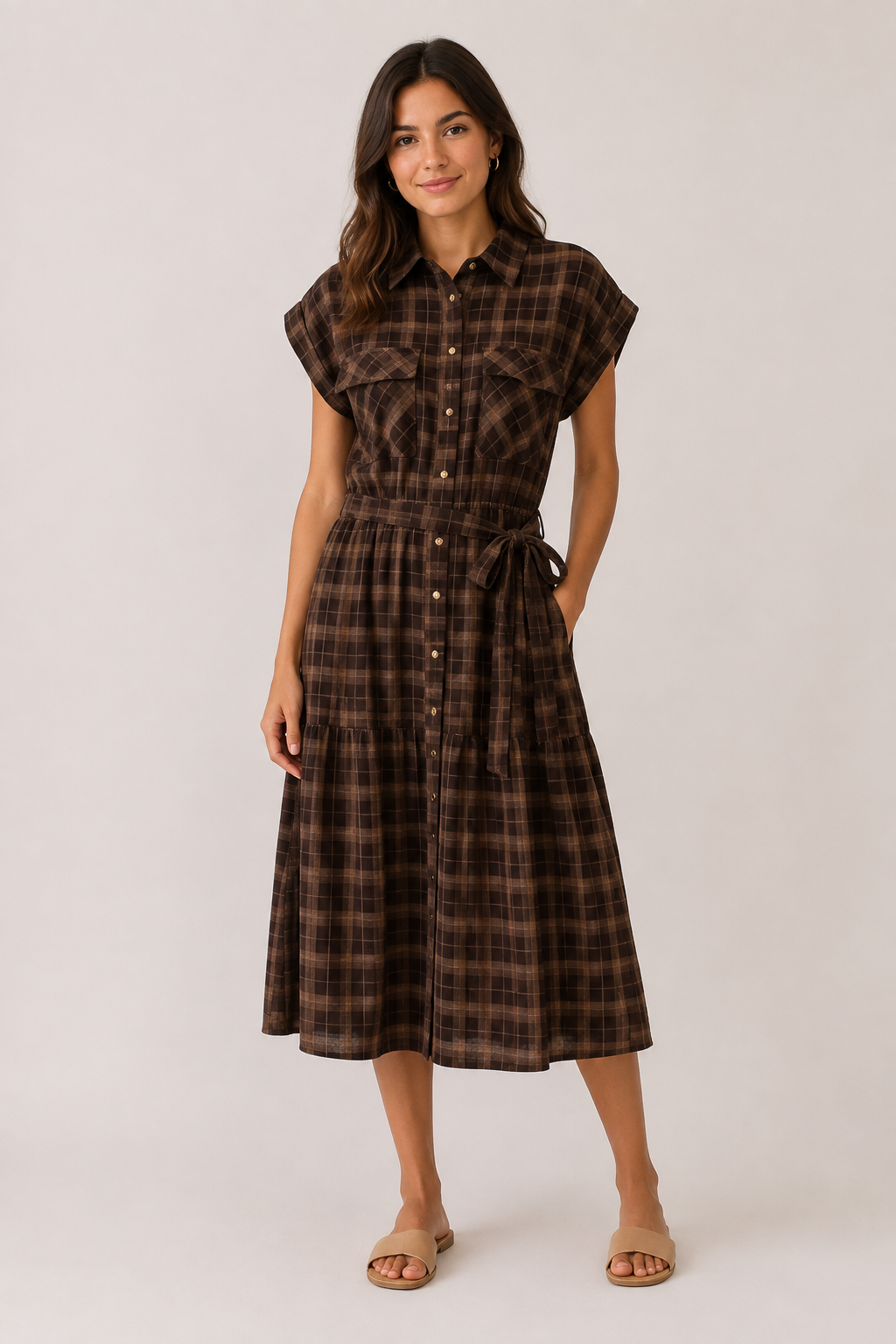Zoe and Claire Short Sleeve Midi Dress with Two Front Pockets