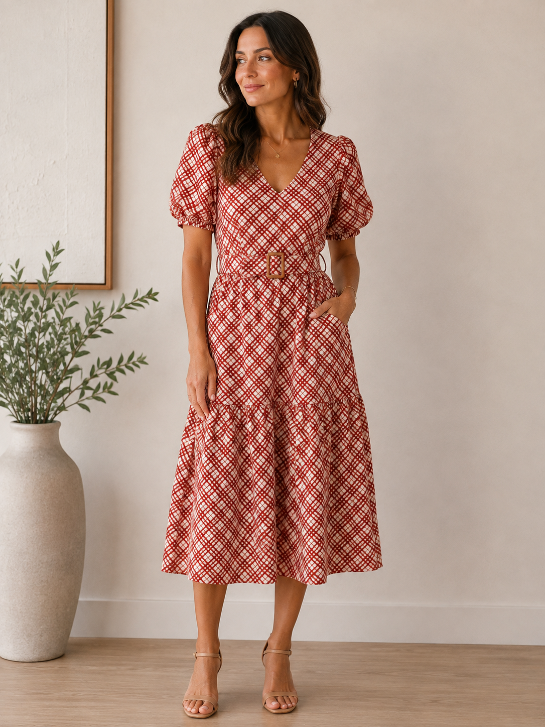 Zoe and Claire Short Sleeve V-Neck Midi Dress with Square Buckle Belt