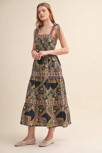Exclusive Floral Patchwork Tie Strap Midi Dress