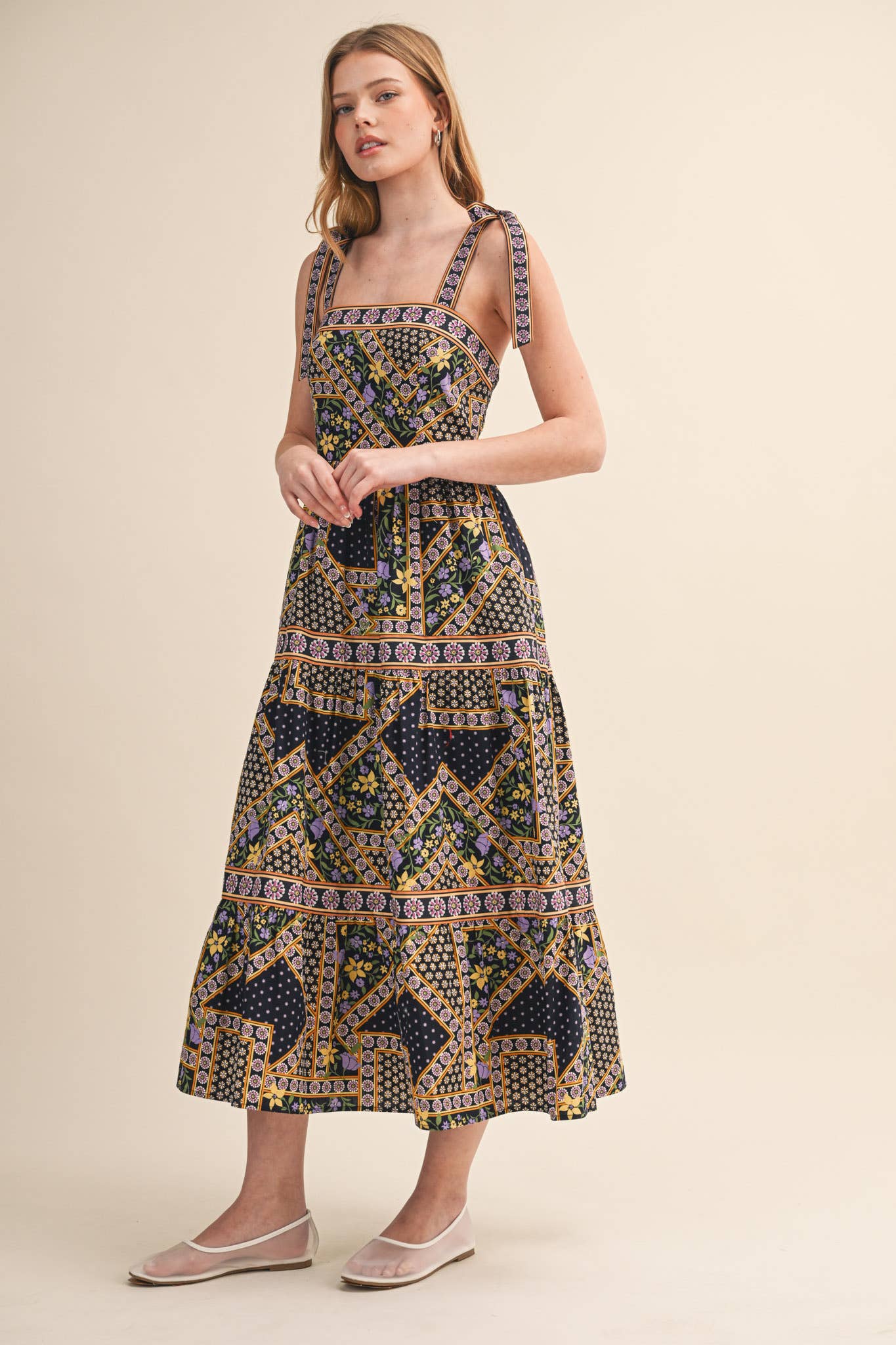 Exclusive Floral Patchwork Tie Strap Midi Dress