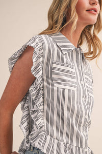Striped Button Down Top With Scalloped Lace Trim