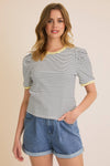 ROUND NECK PUFF HALF SLEEVE STRIPE RIBBED TOP