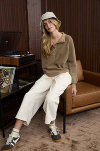 MOCK NECK HALF SNAP BUTTON LONG SLEEVE KNIT TOP