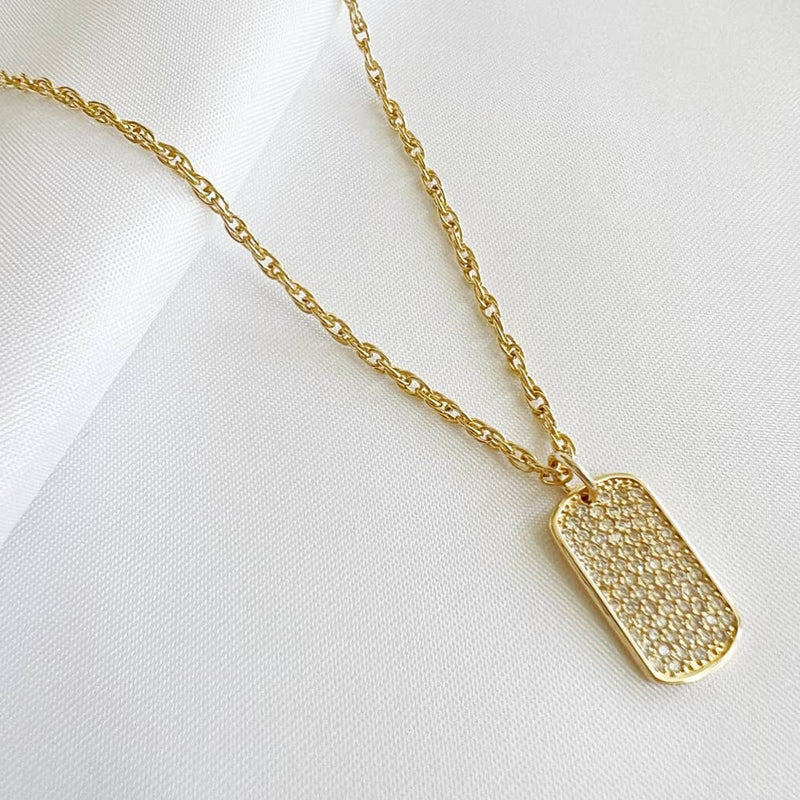 Pave CZ Dog Tag Pendant Necklace Gold Filled