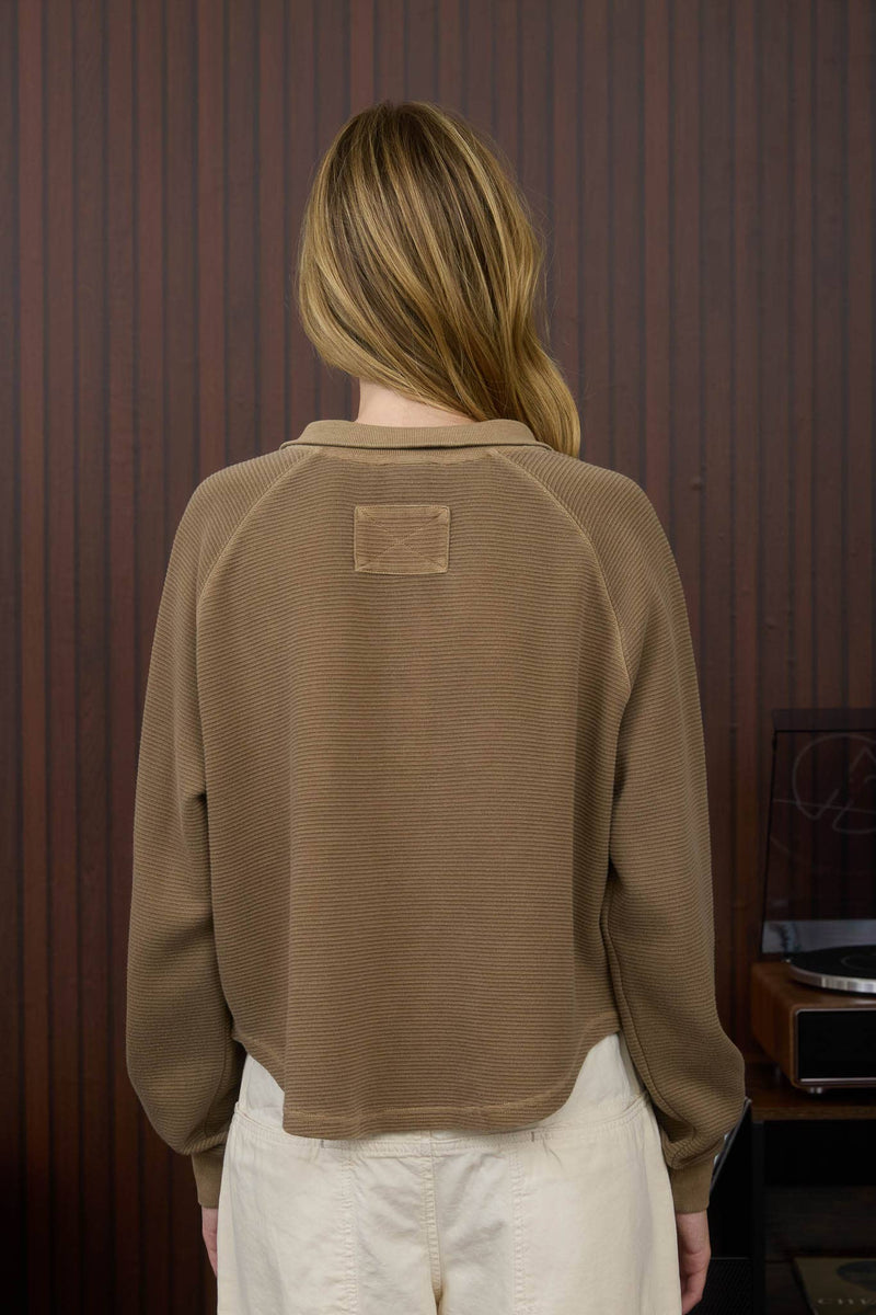 MOCK NECK HALF SNAP BUTTON LONG SLEEVE KNIT TOP