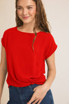 SOLID WOVEN TEE WITH FRONT KNOT DETAIL