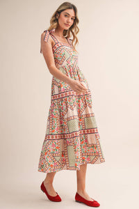 Exclusive Floral Patchwork Tie Strap Midi Dress