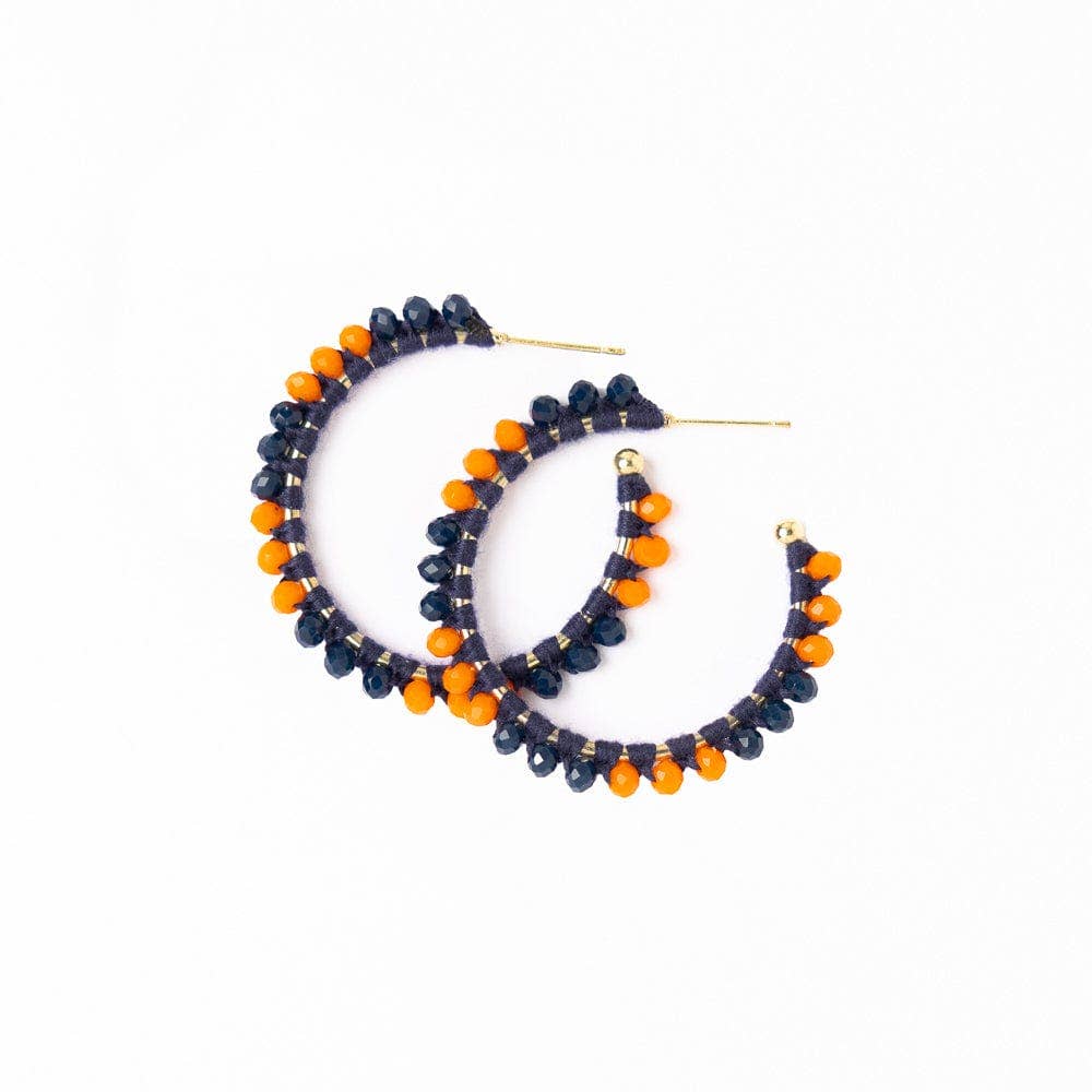 Game Day Crystal Threaded Beads Hoop Earrings Navy + Orange