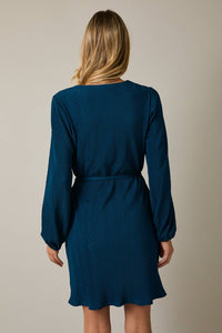 NOTCH NECK LONG SLEEVE WAIST TIE MINI DRESS