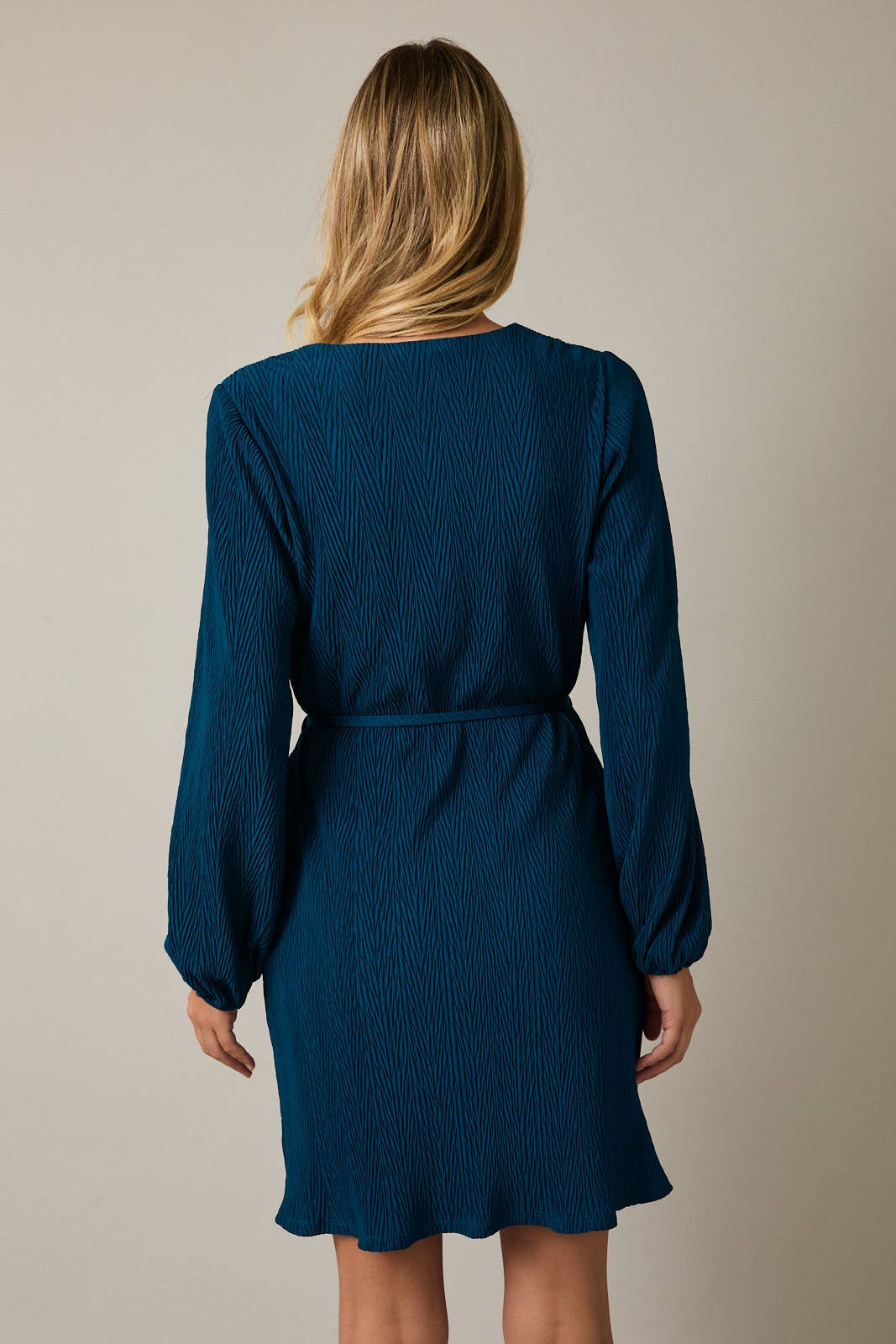 NOTCH NECK LONG SLEEVE WAIST TIE MINI DRESS