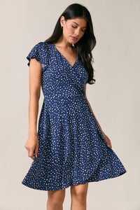 SURPLICE V NECK FLUTTER FAUX WRAP DOT PRINT MINI DRESS