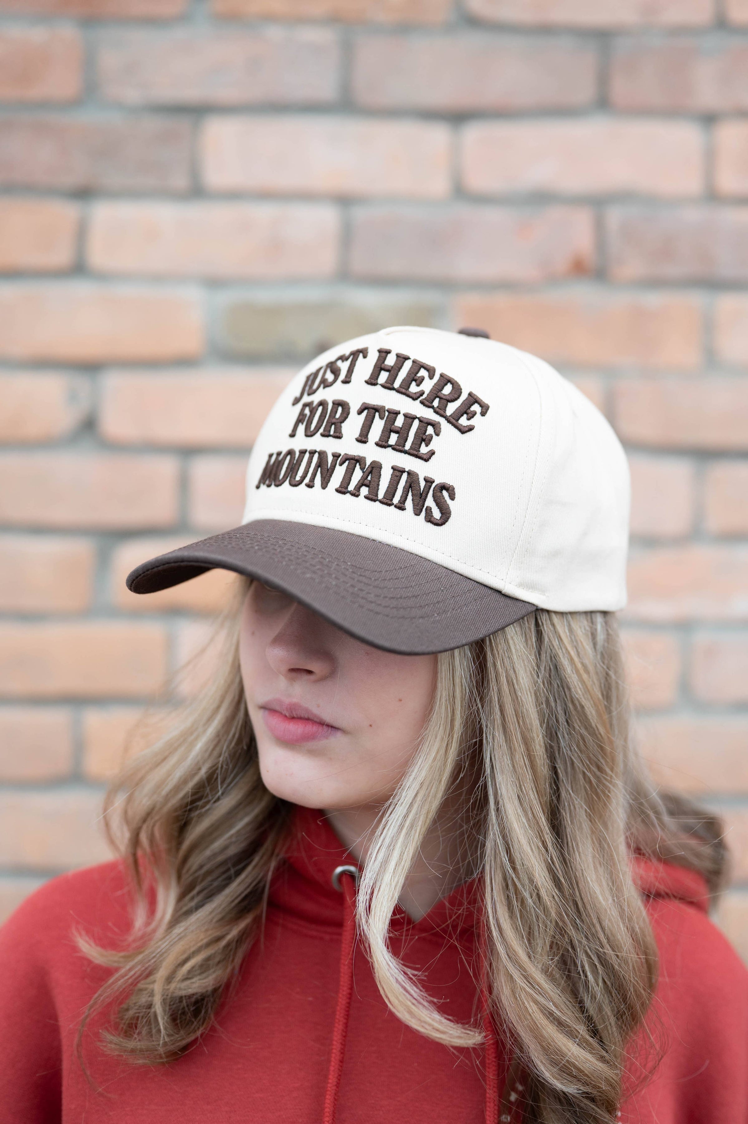 Just Here for the Mountains Embroidered Trucker Hat