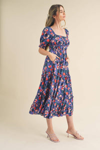 Puff Sleeve Floral Print Midi Dress