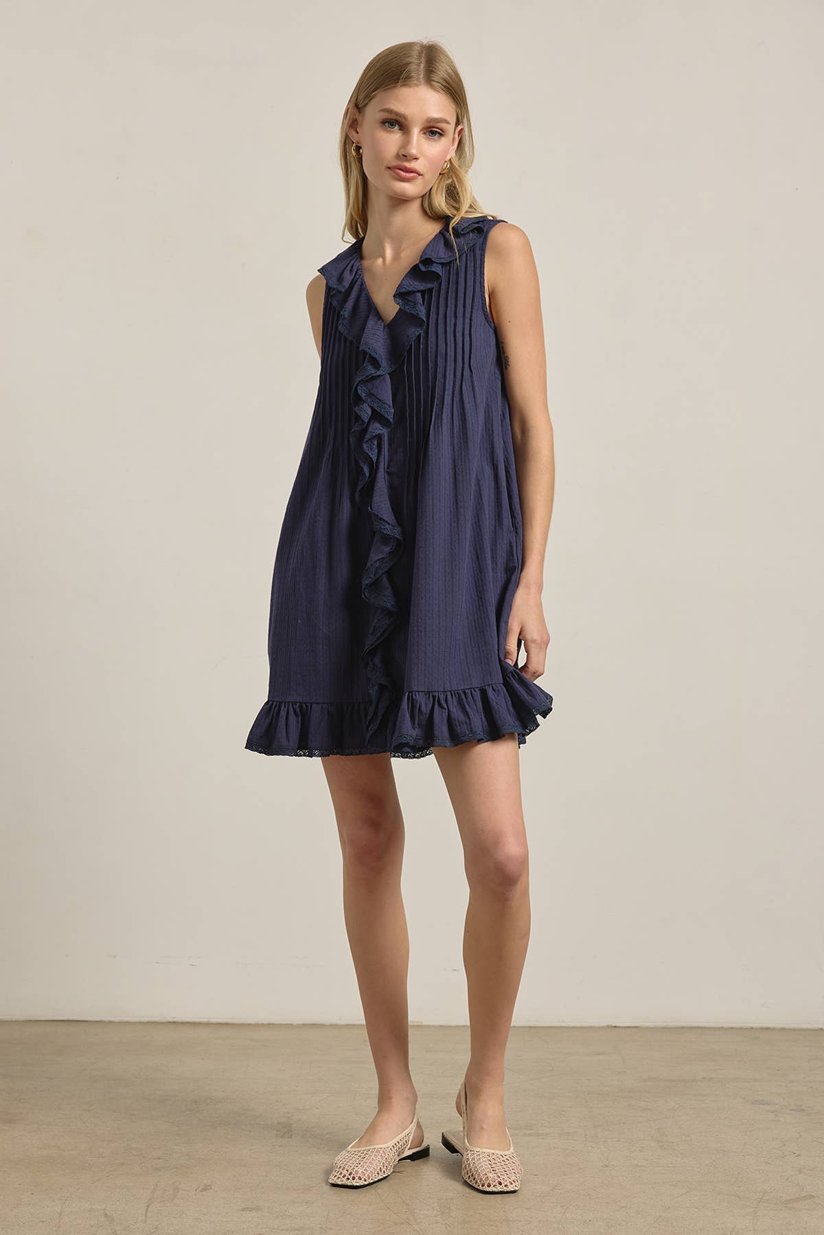 Ruffle Trim Pintuck Dress with Slip Lining