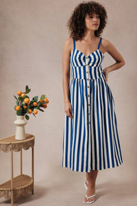 Sleeveless Button Down Fit & Flare Stripe Midi Dress