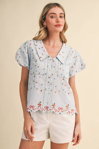 Embroidered Floral Bubble Sleeve Button Down Top