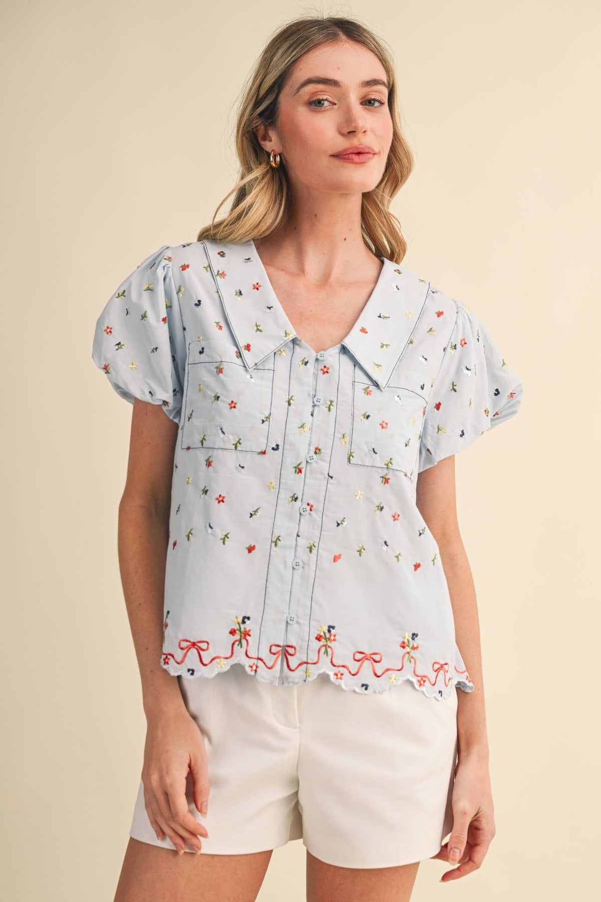 Embroidered Floral Bubble Sleeve Button Down Top