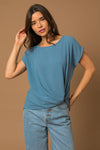 SOLID WOVEN TEE WITH FRONT KNOT DETAIL