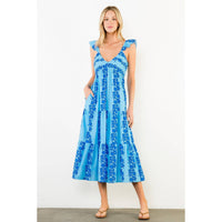 Flutter Sleeve Patterned Print Midi Dress