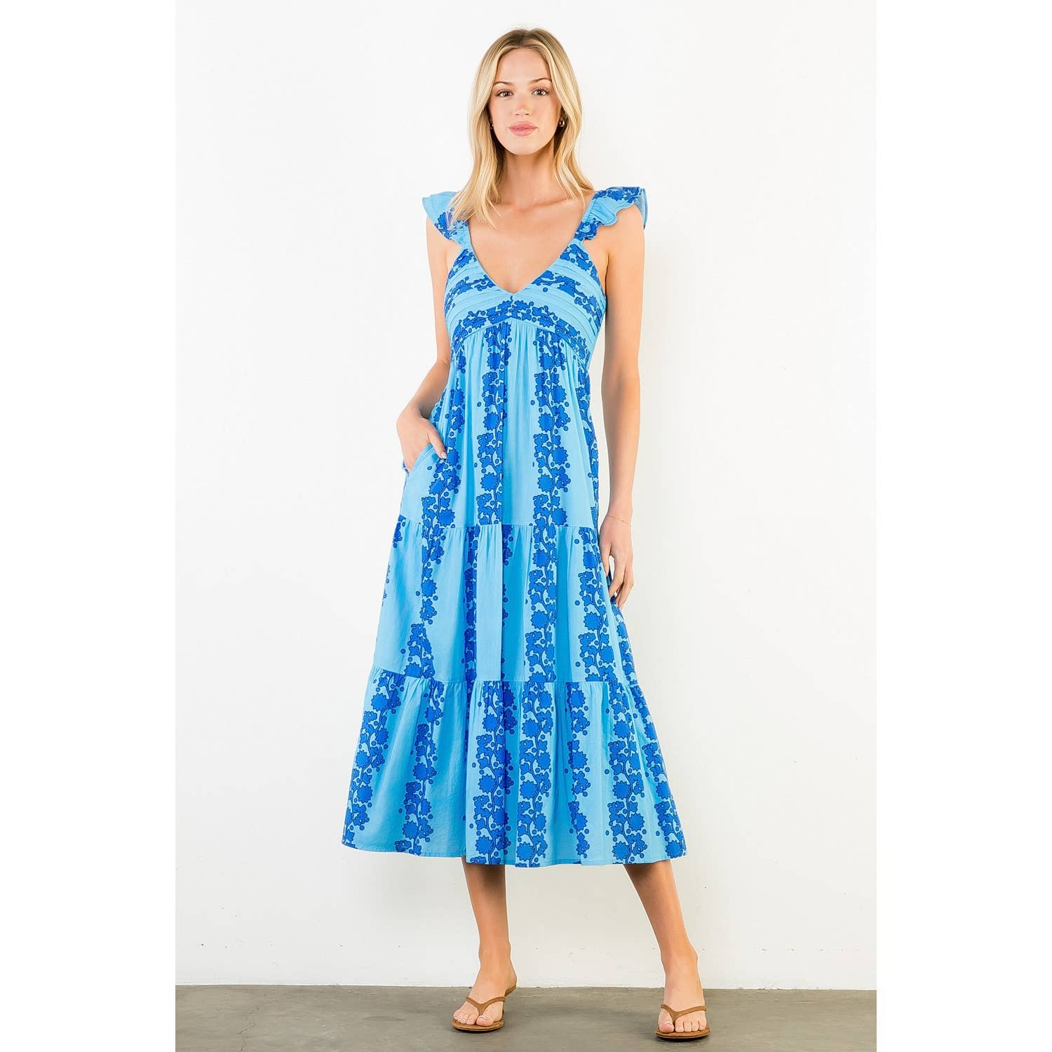 Flutter Sleeve Patterned Print Midi Dress
