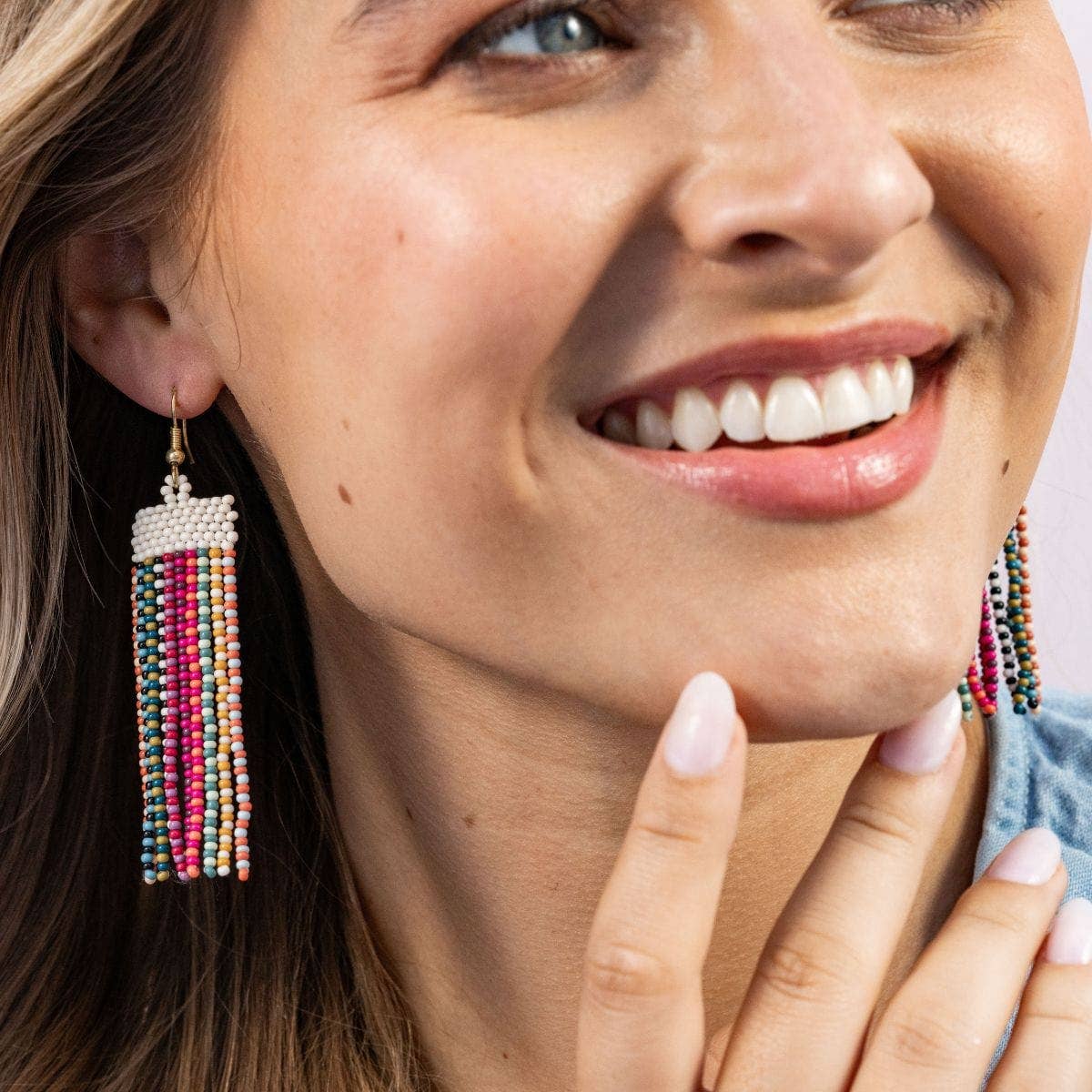 Adaline Alternating Two-Tone Strands Beaded Fringe Earrings