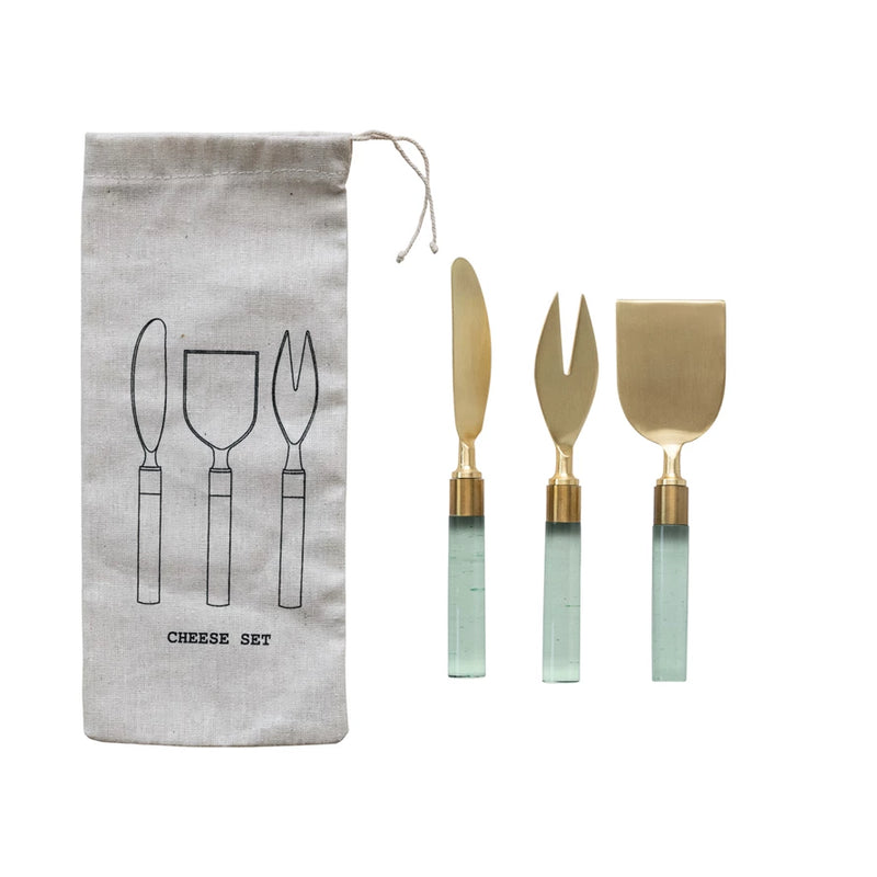 Stainless Steel Cheese Utensils with Resin Handles, Set of 3 in Printed Drawstring Bag