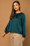 LONG SLEEVE NECK PLEATED SATIN TOP