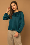 LONG SLEEVE NECK PLEATED SATIN TOP