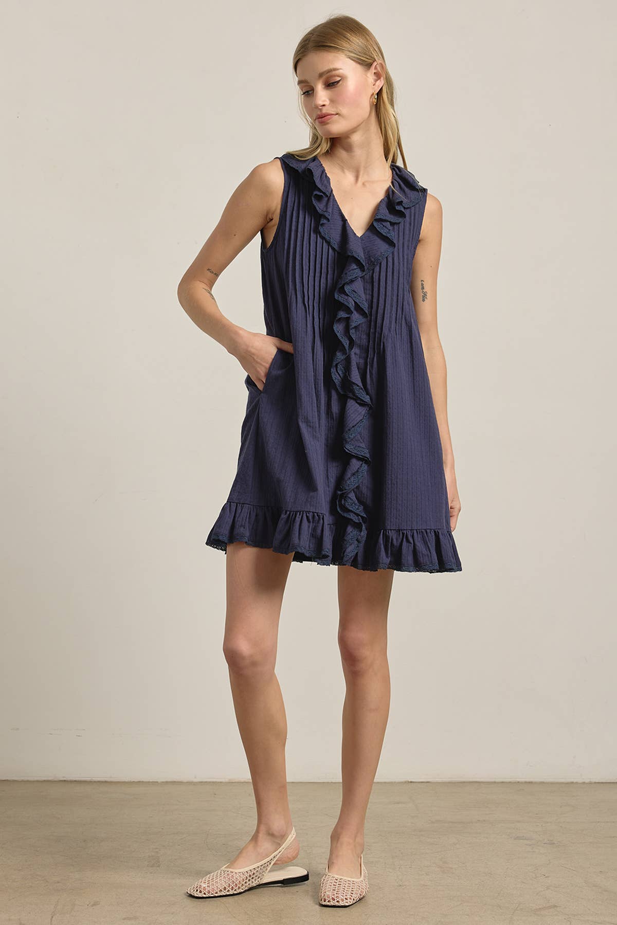 Ruffle Trim Pintuck Dress with Slip Lining