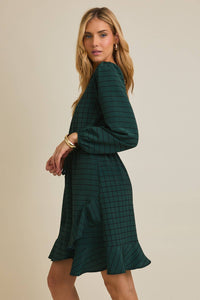 ROUND NECK LONG SLEEVE WAIST TIE GRID MINI DRESS