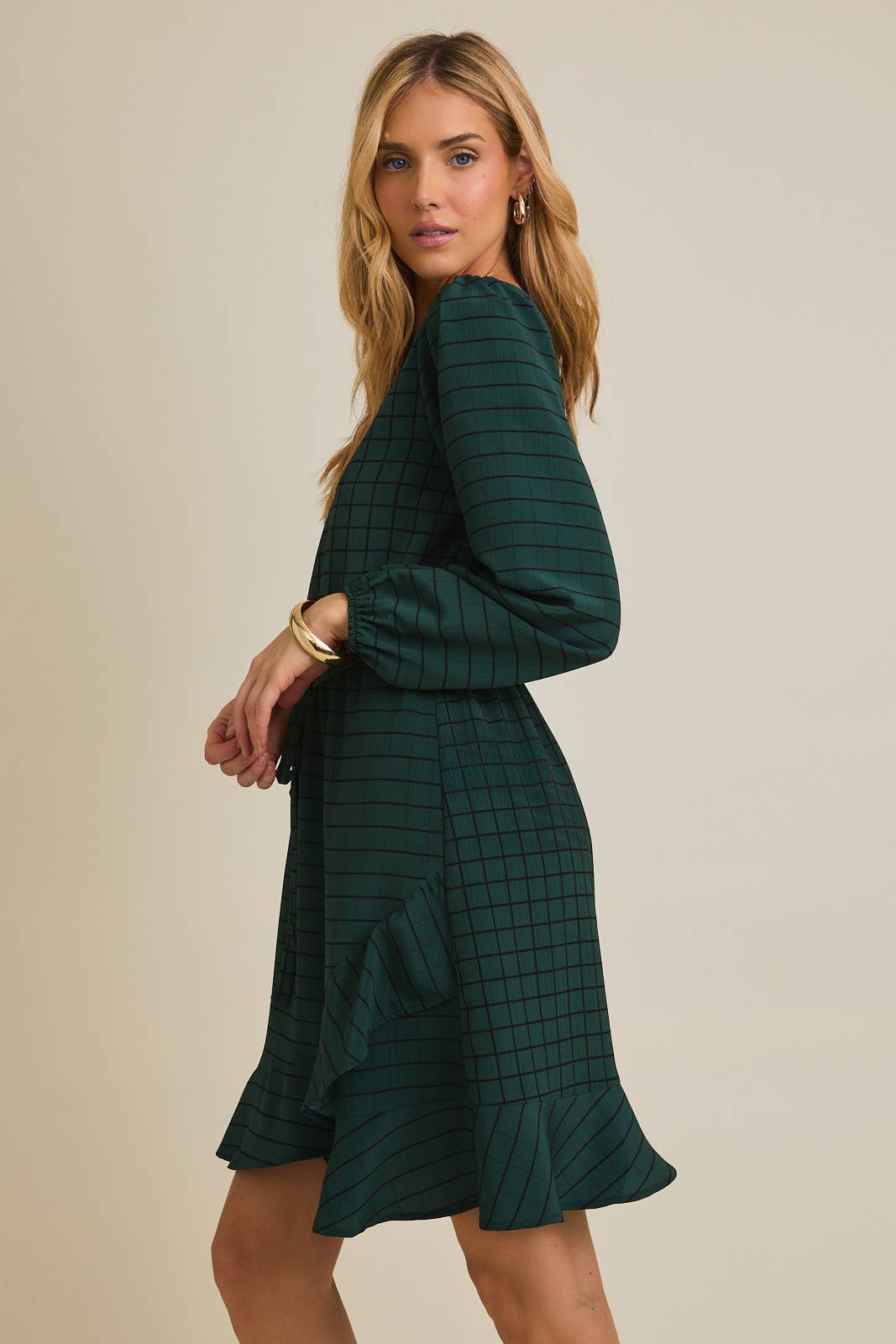 ROUND NECK LONG SLEEVE WAIST TIE GRID MINI DRESS