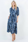 Print Button Down Long Dress with Belt