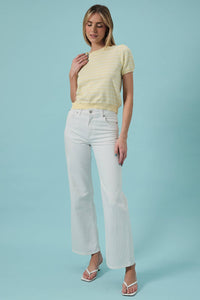 HALF SLEEVE CREW NECK PUFF STRIPED SWEATER TOP