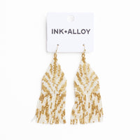 Delilah Zebra Print Beaded Fringe Earrings Ivory + Gold