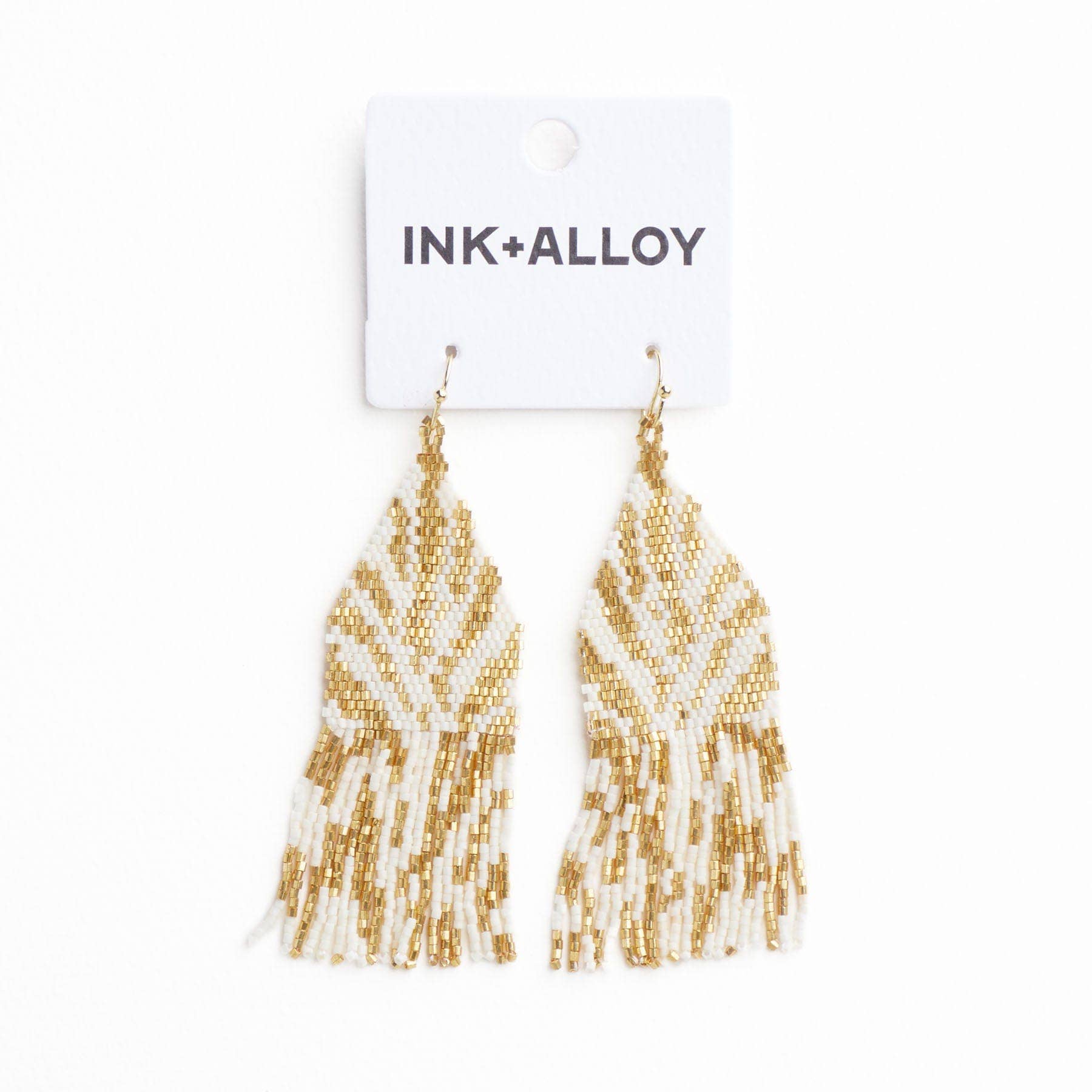 Delilah Zebra Print Beaded Fringe Earrings Ivory + Gold