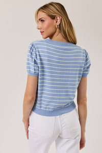HALF SLEEVE CREW NECK PUFF STRIPED SWEATER TOP